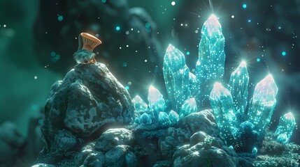 Perched atop a glowing mushroom, the tiny gnome-like character examines a cluster of glowing crystals, each one pulsing with mysterious energy.