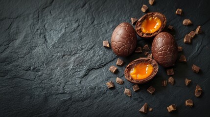 Chocolate easter eggs with creamy filling. Luxury chocolate, Easter holiday. Delicious milk, dark chocolate. 