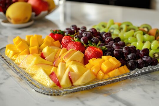 A tray of fruit is displayed on a marble counter