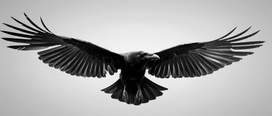  a black and white photo of a bird with its wings spread in the air with the sky in the background.