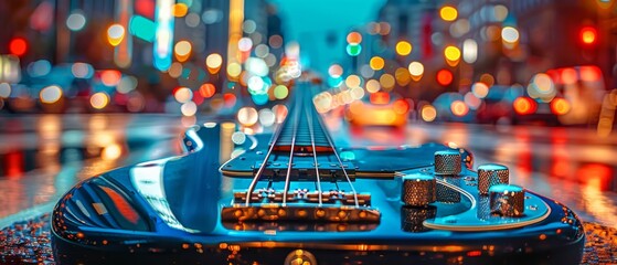  a blue electric guitar sitting on top of a wet ground in the middle of a city at night with traffic lights in the background. - obrazy, fototapety, plakaty