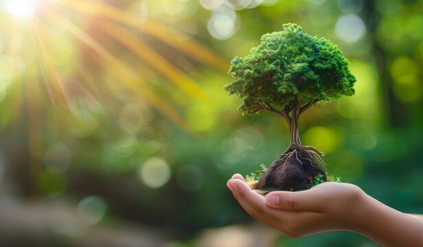  a person's hand holding a small tree that is growing out of the ground in front of a forest.