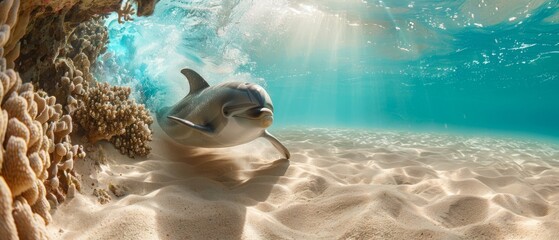  a dolphin swims under the water in a sandy area with corals and sponges on the bottom of the water. - obrazy, fototapety, plakaty