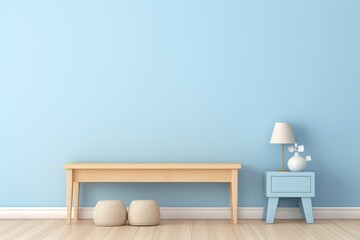 Light cornflower blue wall mockup with a wooden bench and small cabinet. Wood flooring
