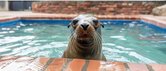  a seal in a pool with a brick wall in the background and a pool of water in the foreground.