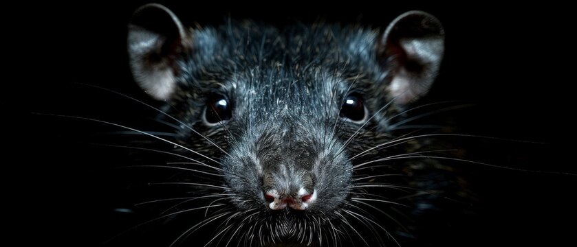  a close up of a rat's face on a black background with a blurry image of the rat's face.