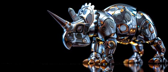  a robot rhinoceros is standing on a reflective surface in front of a black background with a reflection on the floor.