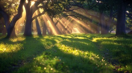  the sun shines through the trees in a grassy area with green grass and trees on either side of the path.