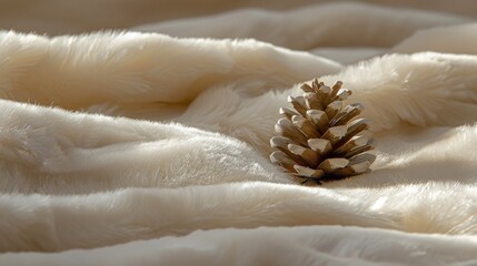  a small pine cone sitting on top of a white fur covered bed spread on top of a fur covered bedspread.