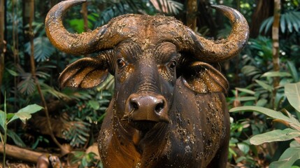  a brown bull with large horns standing in a forest filled with lots of green plants and tall, leafy trees.