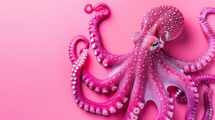  a pink octopus stuffed animal laying on top of a pink surface with white dots on it's back legs.
