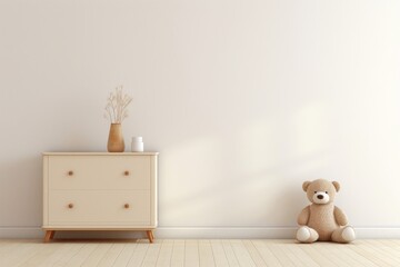 Empty wall mock up with a small beige cabinet and cuddly toy