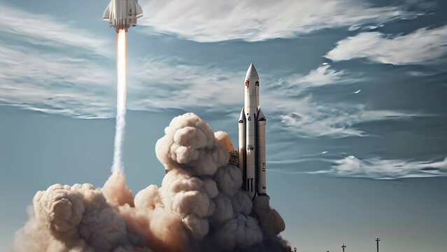 Space shuttle or rocket flying to space from a launchpad in the desert. Clouds of smoke