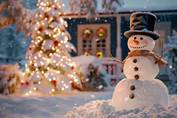 Snowman in hat and scarf on background of Christmas tree and lights.
