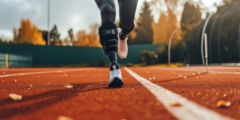 Person with prosthetic leg running on a track run - obrazy, fototapety, plakaty
