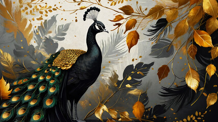 Decorative artistic background with black peacock and golden leaves - obrazy, fototapety, plakaty