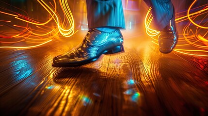 Close-up of male legs in high-heeled shoes with sparkles. Feet of a man in black shoes on the background of a light trail. A close-up shot of a tap dancer's shiny shoes executing intricate steps. - obrazy, fototapety, plakaty