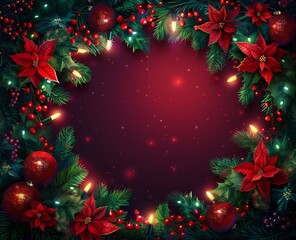 Red Christmas frame or boarder featuring colorful branches and colorful Christmas lights decor, evoking vibrant stage backdrop, richly detailed background in deep green, fir branches, copy space.
