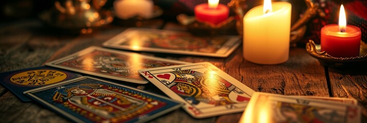 Tarot cards on a table with candles - obrazy, fototapety, plakaty
