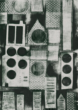 A mono print city-scape landscape 