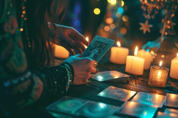 Fortune teller holding tarot cards on a table with burning candles - obrazy, fototapety, plakaty