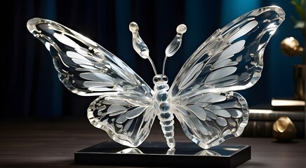 butterfly on black background, "Craft a stunning crystal quartz glass sculpture of a delicate butterfly, its wings shimmering with mesmerizing translucent effects against a dark, mysterious background