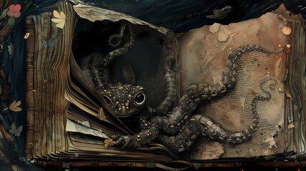 The curious creature peeks inside a cracked, ancient tome, its pages filled with fantastical illustrations.