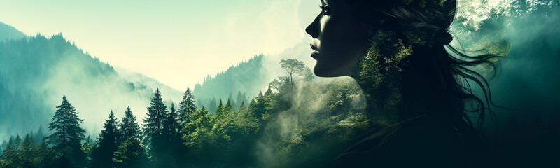Human is part of nature. Banner with Transparent profile of young woman  and mountain landscape. Earth Day. Double exposure.