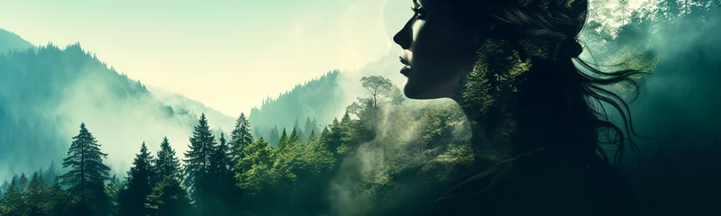 Poster Human is part of nature. Banner with Transparent profile of young woman  and mountain landscape. Earth Day. Double exposure. © Yuliia