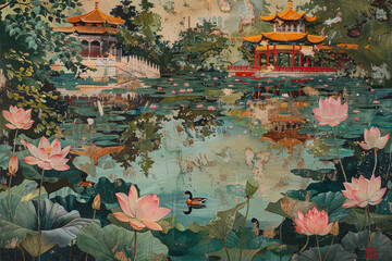 A view of a pond with ducks, lotus, and a pagoda - obrazy, fototapety, plakaty