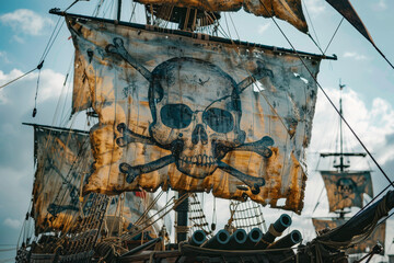 Naklejka premium A view of a pirate ship with sails, cannons, and a skull flag
