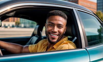 A man with a yellow shirt is sitting in a car and smiling.