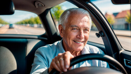 An older man with a big smile driving a car.