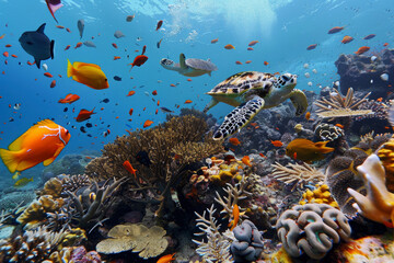 A view of a coral reef with colorful fish, sea turtles, and starfish