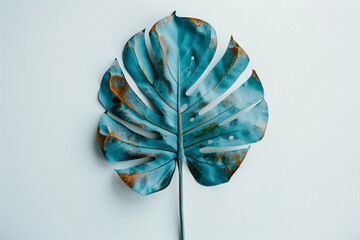 Colorful dry tropical leaf on a white background.Minimal creative nature concept.Copy space,top view,flat lay.Generative AI