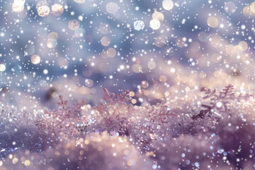 A texture of a snow with flakes, crystals, and glitter