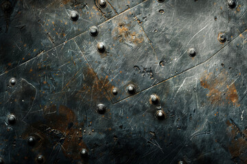 A texture of a metal sheet with scratches, rust, and bolts