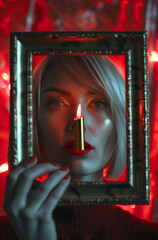 Portrait of a girl with a golden frame in front of her face and a lit candle on her lips .Minimal creative make up and fashion concept.Copy space,top view.Generative AI