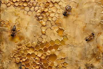 A texture of a honeycomb with cells, bees, and honey