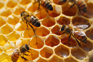 A texture of a honeycomb with cells, bees, and honey