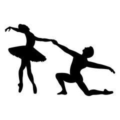 Silhouette of a ballet couple.Ballet banner.Ballerina silhouette isolated on white background.Realistic dancer in pointe shoes and tutu. Vector illustration. © SVIATLANA