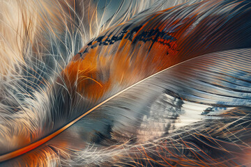 A texture of a feather with barbs, quills, and colors