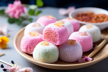 Colorful mochi with floral garnishes on a bamboo tray, tea in the background, perfect for highlighting Japanese dessert elegance.