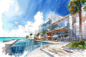 A sketch of a design for a new hotel wing with a modern architecture and a glass facade facing the sea