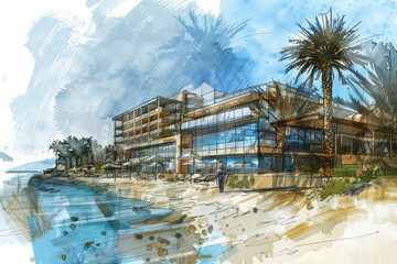 A sketch of a design for a new hotel wing with a modern architecture and a glass facade facing the sea