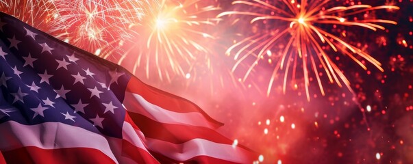 American flag with fireworks background. 4th of July Celebration concept banner. - obrazy, fototapety, plakaty