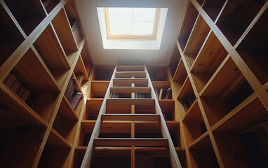 Ascending Enlightenment: Bookshelf Ladder Reaches Skylight Isolated on Transparent Background.