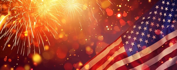 4th of July Celebration concept banner. American flag with fireworks and blurred lights background. - obrazy, fototapety, plakaty