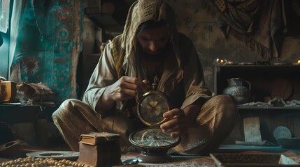 The character sits cross-legged, inspecting an intricate pocket watch with a magnifying glass.