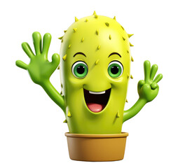 A happy cartoon cactus is waving and smiling on a transparent background